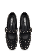Women's Black Buckled Stoned Leather Ballerinas | Derimod