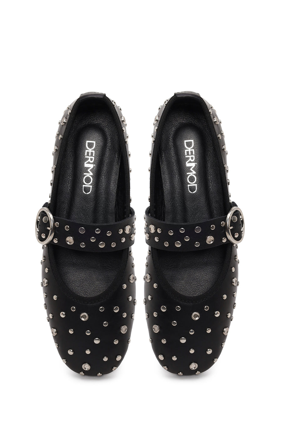 Women's Black Buckled Stoned Leather Ballerinas