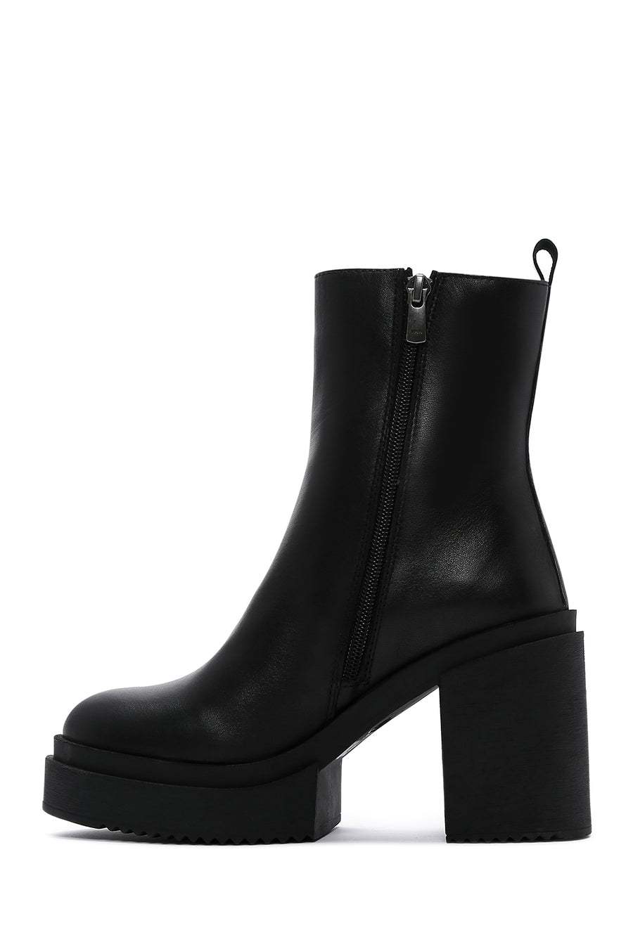 Women's Black Zippered Thick Heeled Leather Boots