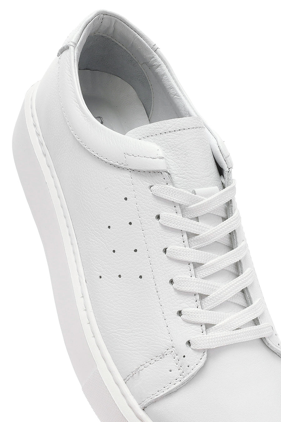 Men's White Lace-up Thick-Sole Leather Sneaker