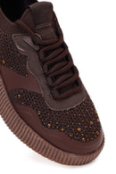 Derimod Zero Kadın Kahverengi Bağcıklı Kalın Tabanlı Taşlı Kumaş Sneaker | Derimod
