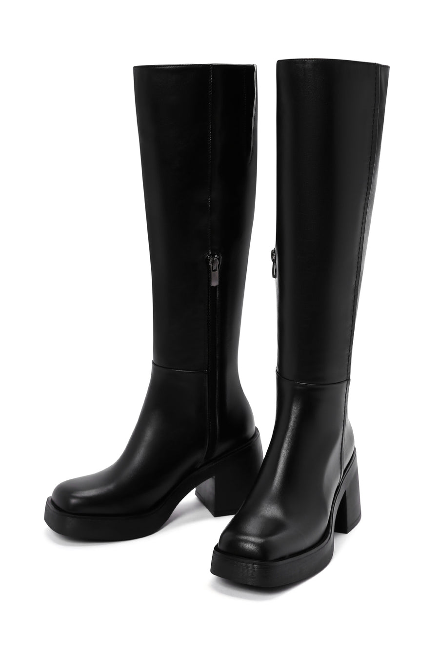 Women's Black Thick Heeled Zippered Casual Leather Boots