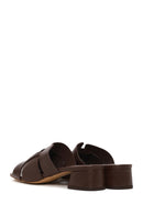 Woman Brown Short Thick-Heeled Leather Slipper | Derimod