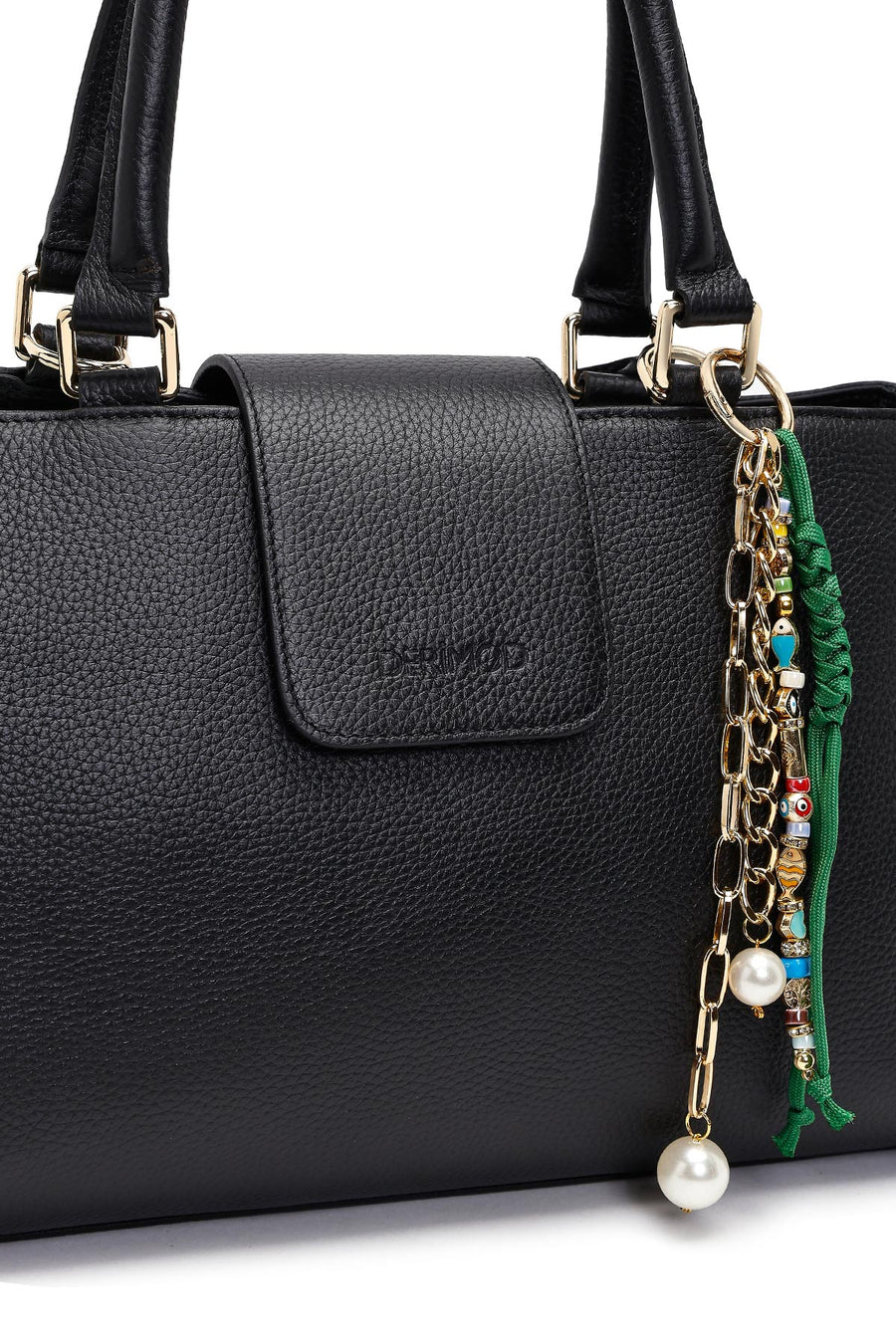Women's Black Long Strap Charm Leather Shoulder Bag