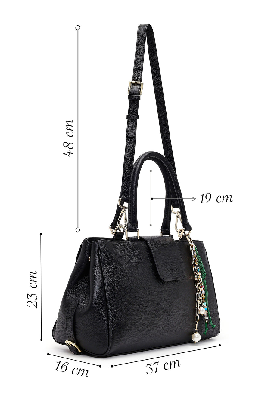 Women's Black Long Strap Charm Leather Shoulder Bag