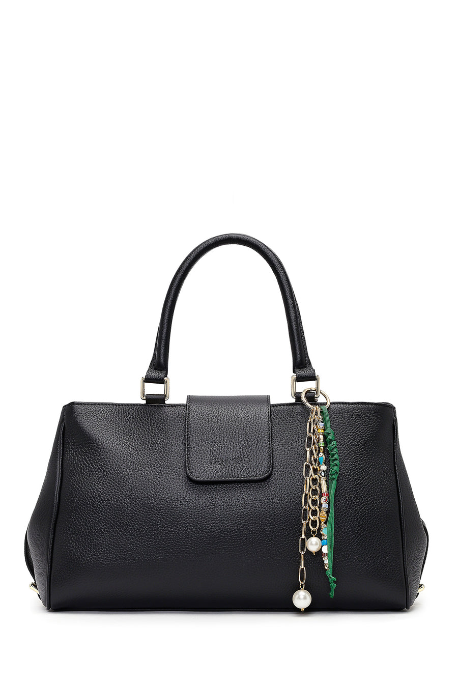 Women's Black Long Strap Charm Leather Shoulder Bag