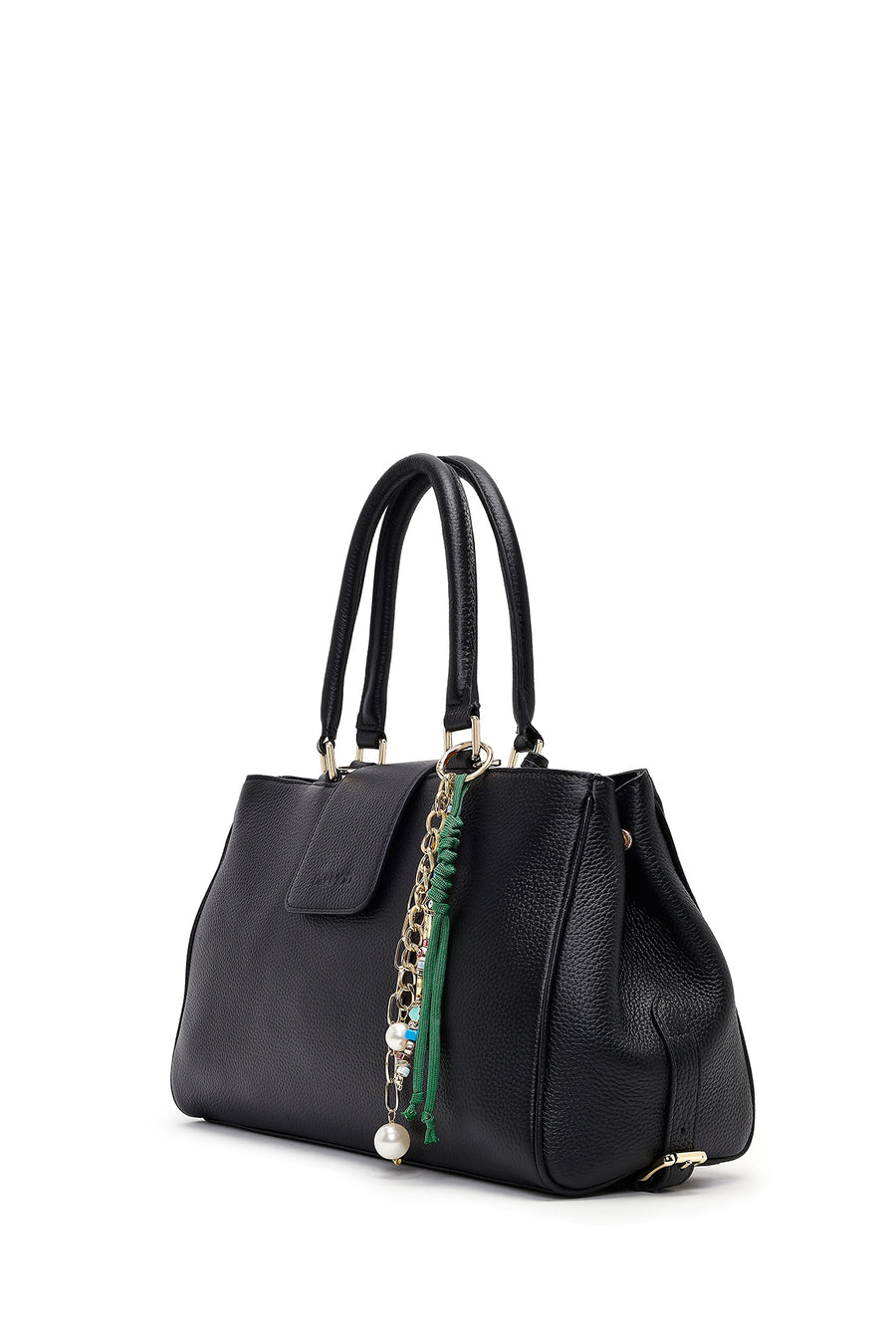 Women's Black Long Strap Charm Leather Shoulder Bag