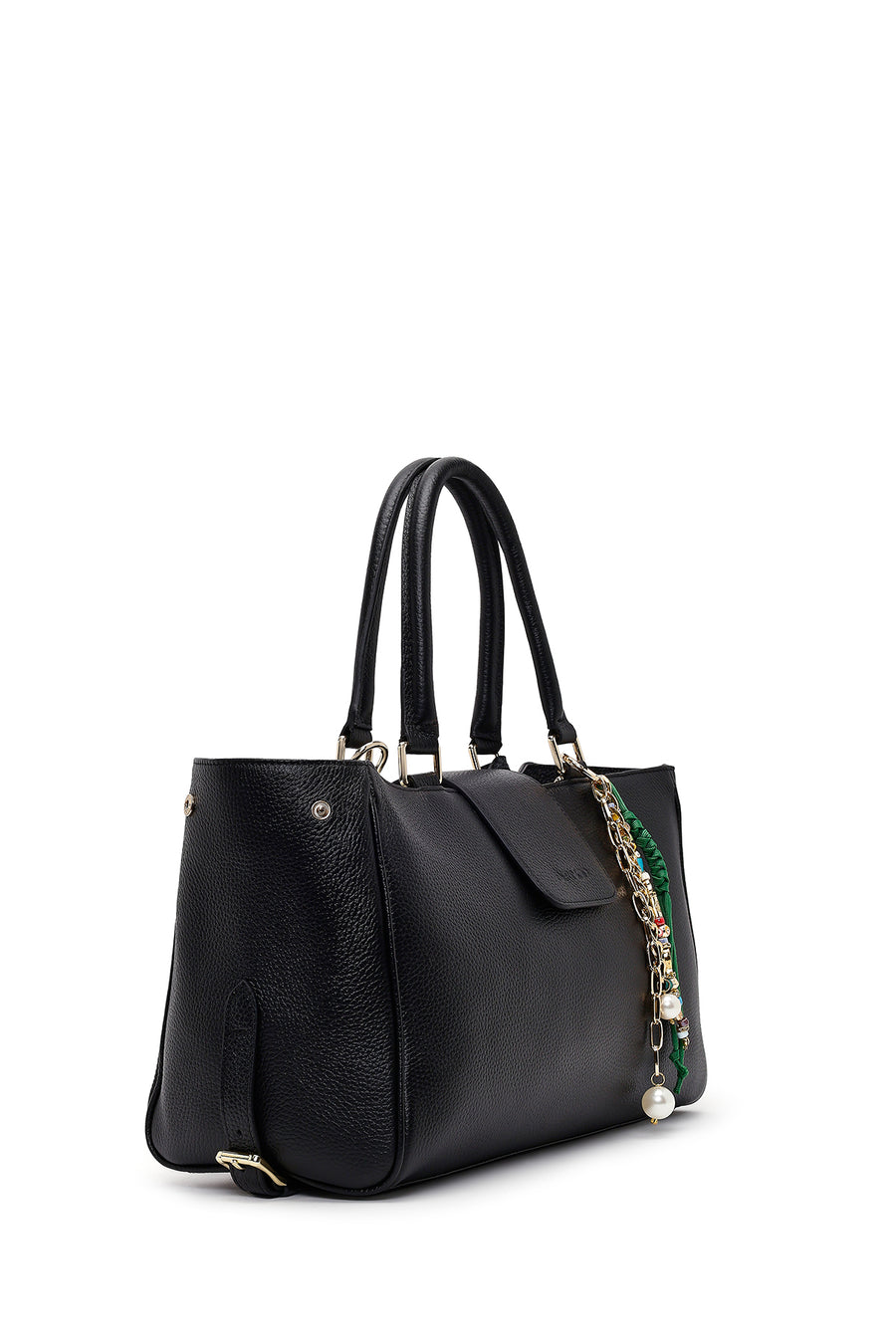 Women's Black Long Strap Charm Leather Shoulder Bag