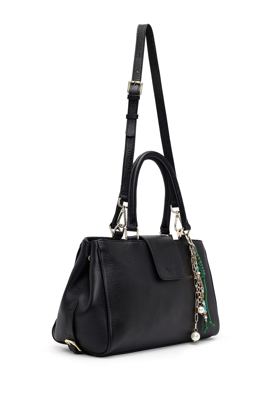 Women's Black Long Strap Charm Leather Shoulder Bag