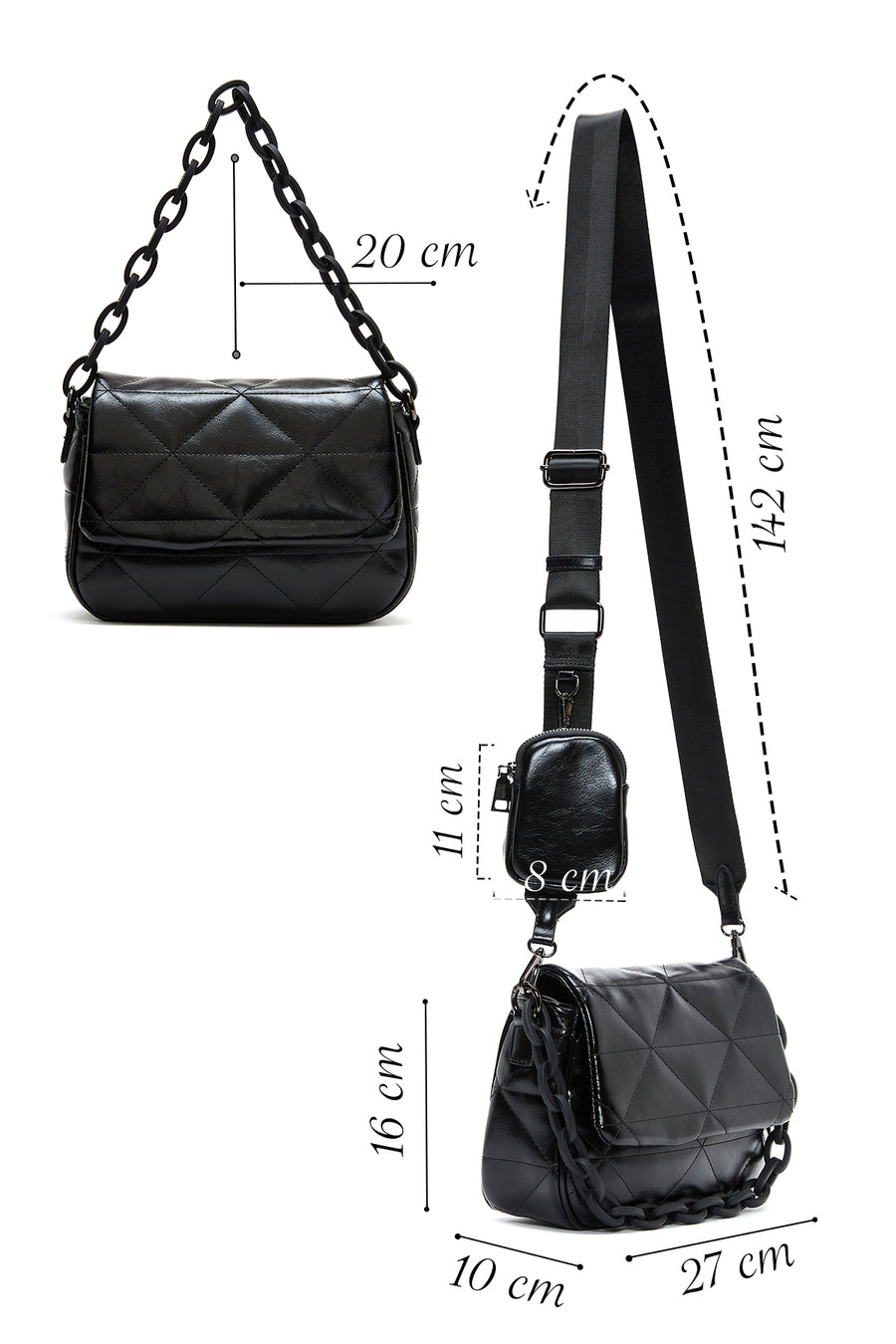 Women's Black Long Strapped Quilted Crossbody Bag