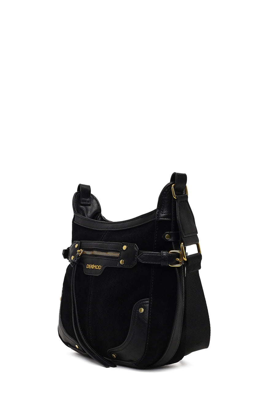 Women's Black Long Strap Suede Leather Crossbody Bag