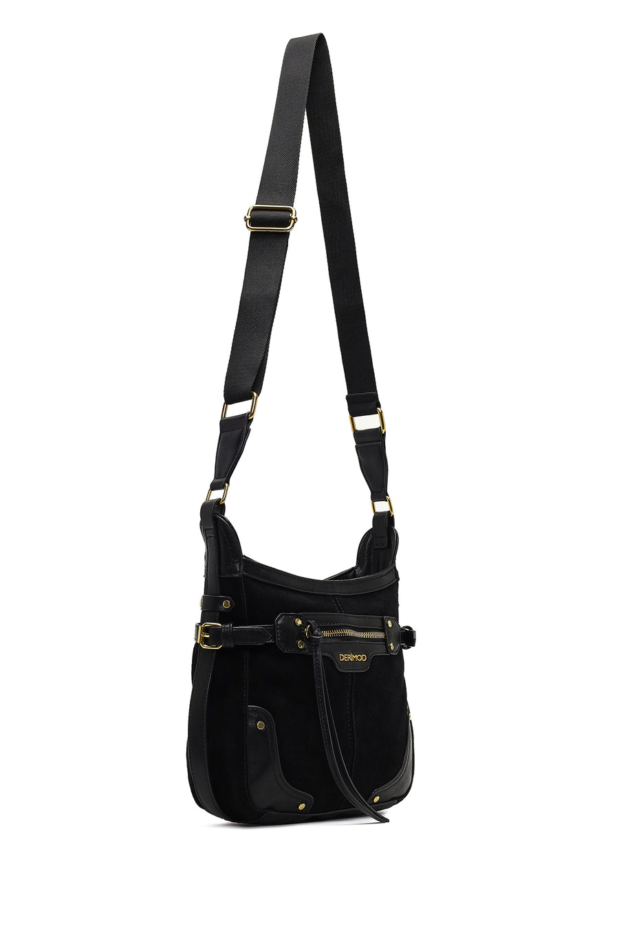 Women's Black Long Strap Suede Leather Crossbody Bag