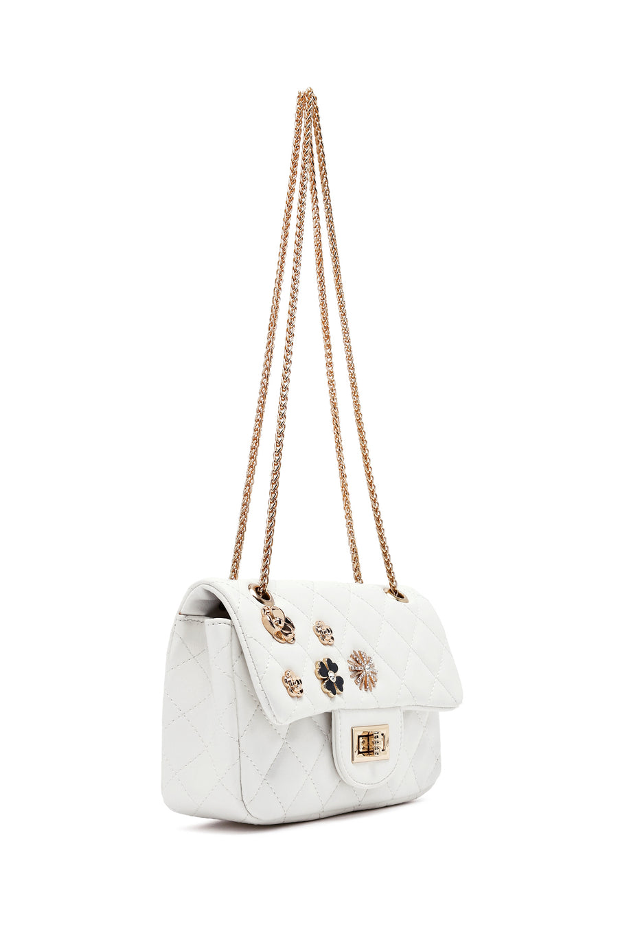 Woman White Long Strap Quilted Shoulder Bag