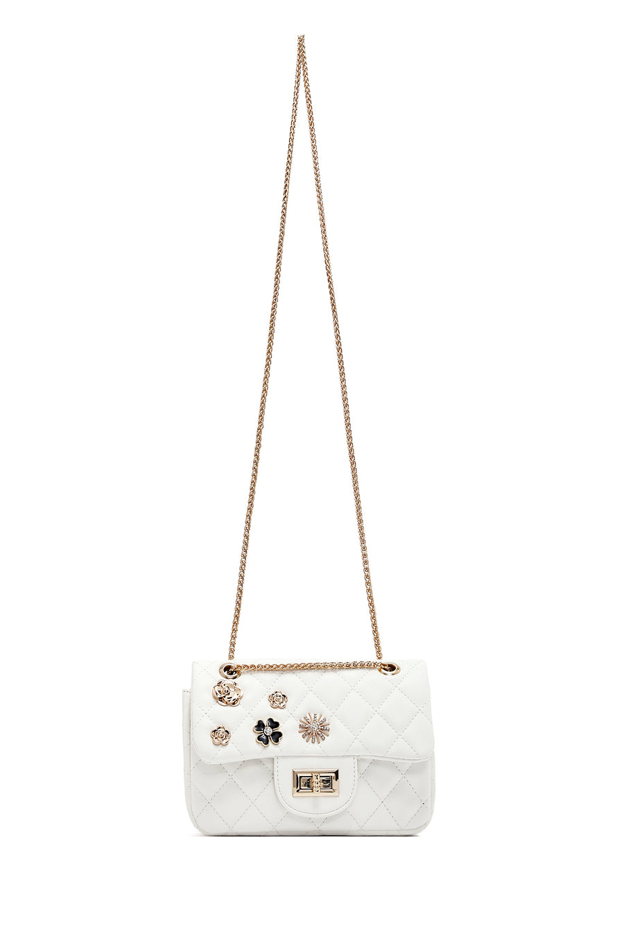 Woman White Long Strap Quilted Shoulder Bag