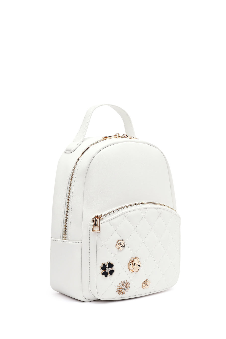Woman Quilted Backpack with White Accessories
