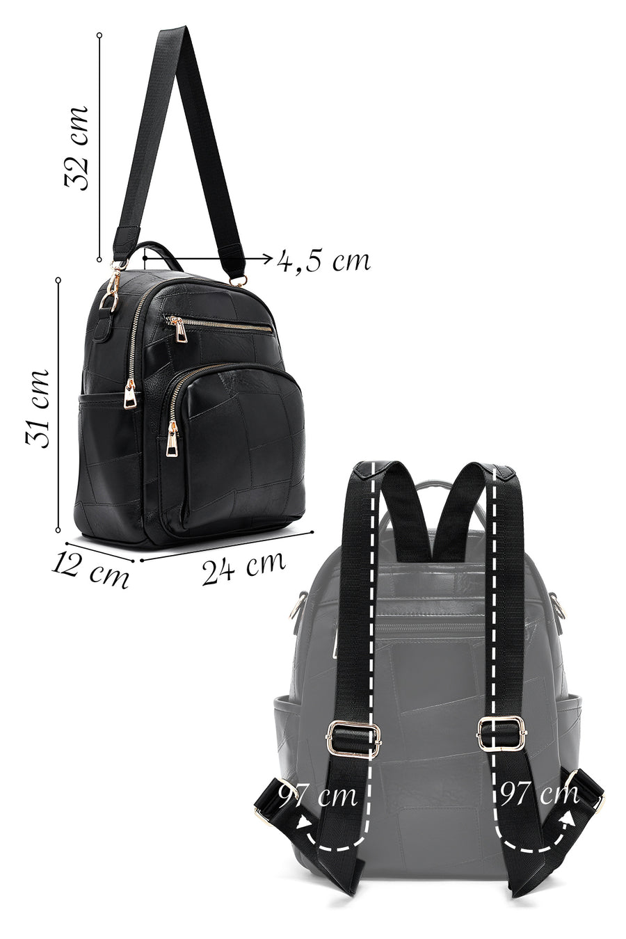 Woman Black Long Strap Printed Backpack