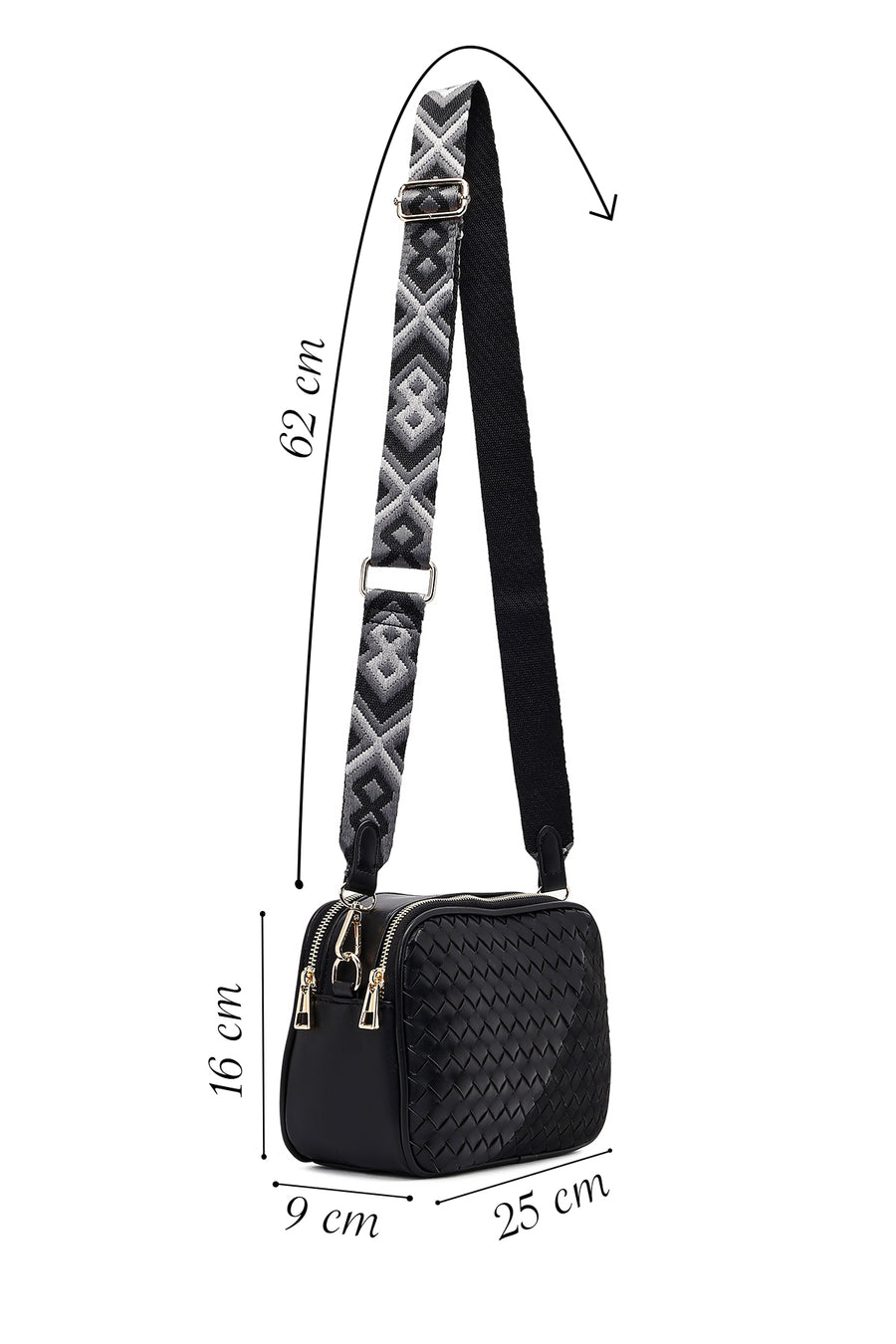 Women's Black Long Strapped Woven Crossbody Bag
