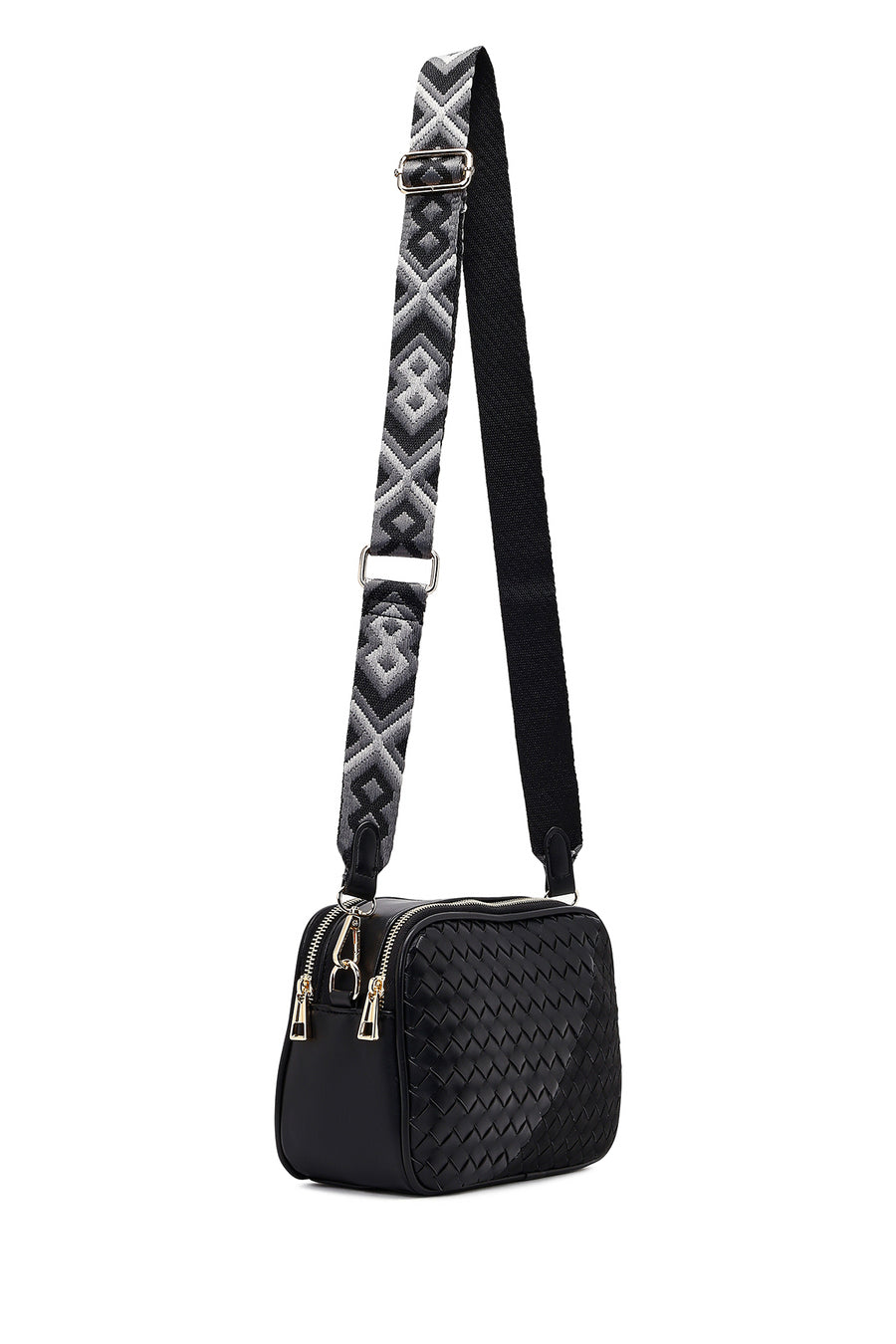 Women's Black Long Strapped Woven Crossbody Bag