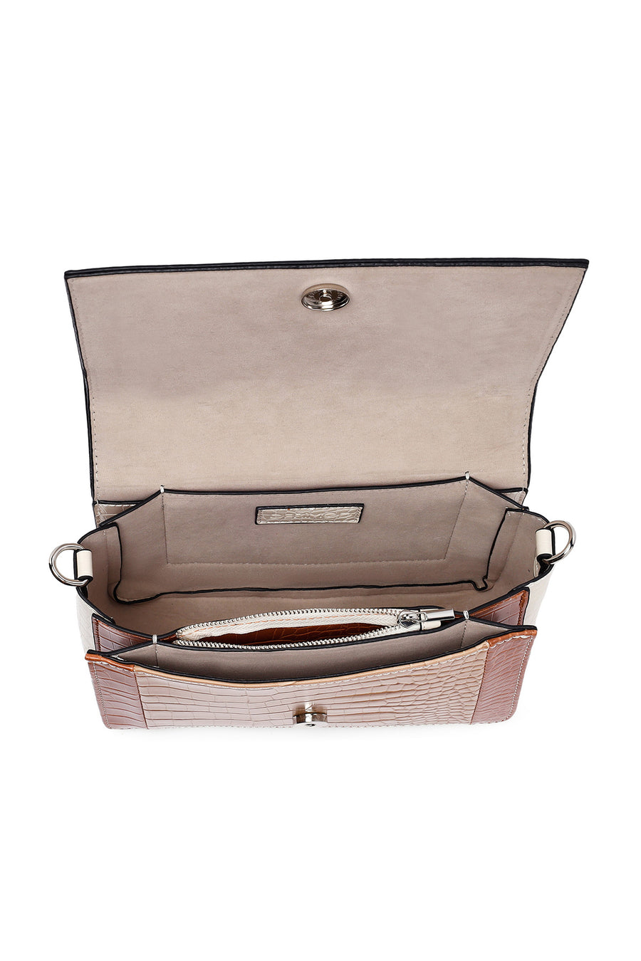 Woman Beige Long Strap Crocodile Patterned Crossbody Bag