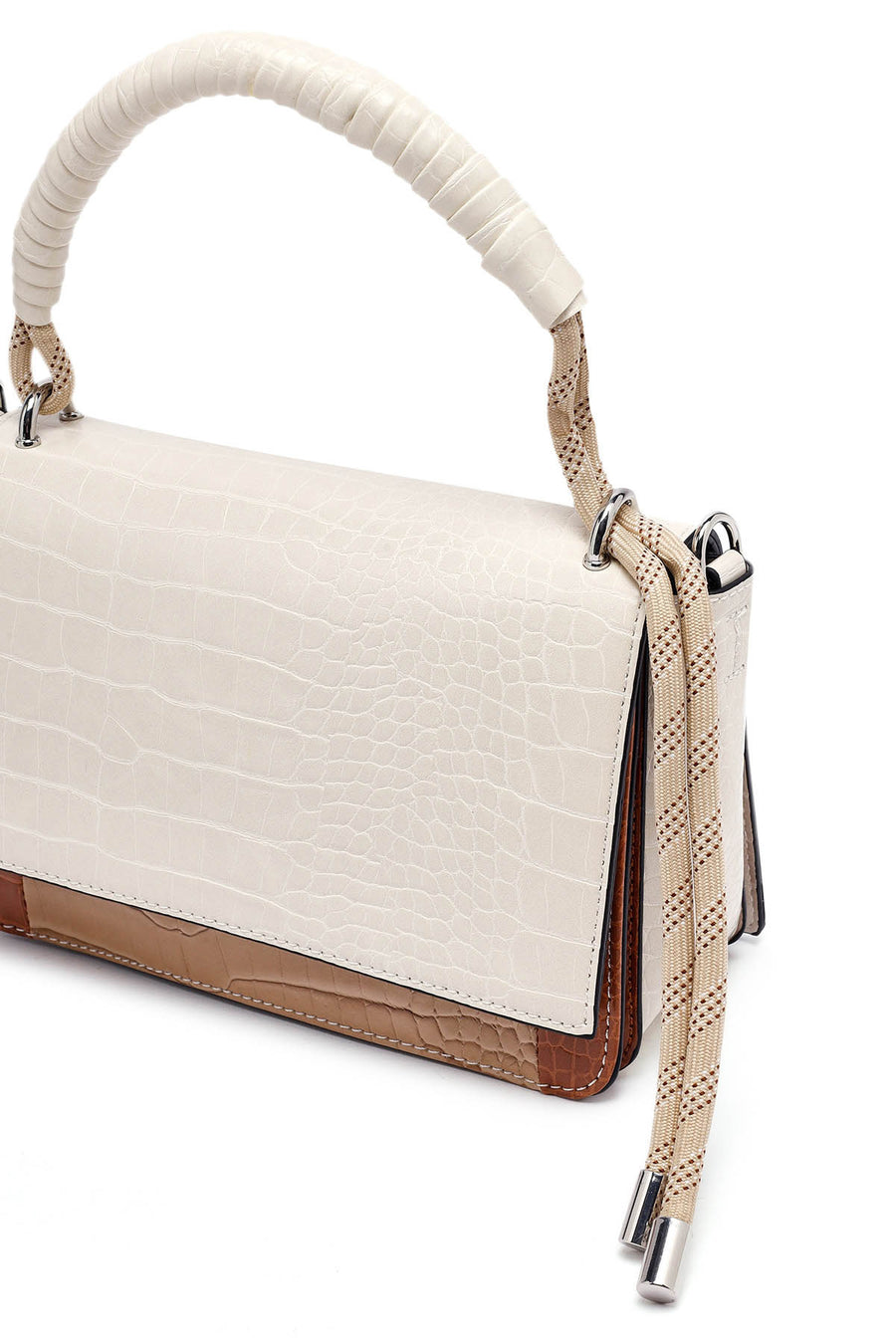Woman Beige Long Strap Crocodile Patterned Crossbody Bag