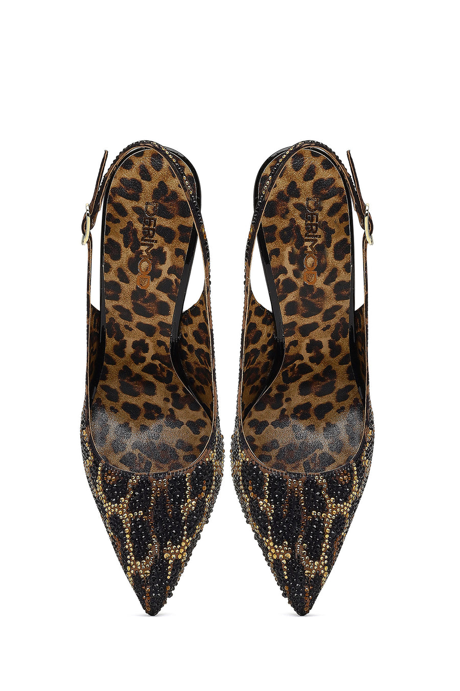 Women's Leopard Patterned Jeweled Open Back High Thin Heel Leather Shoe