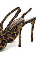 Women's Leopard Patterned Jeweled Open Back High Thin Heel Leather Shoe | Derimod