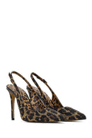 Women's Leopard Patterned Jeweled Open Back High Thin Heel Leather Shoe | Derimod