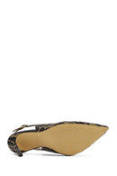 Women's Leopard Patterned Jeweled Open Back High Thin Heel Leather Shoe | Derimod