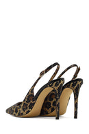 Women's Leopard Patterned Jeweled Open Back High Thin Heel Leather Shoe | Derimod