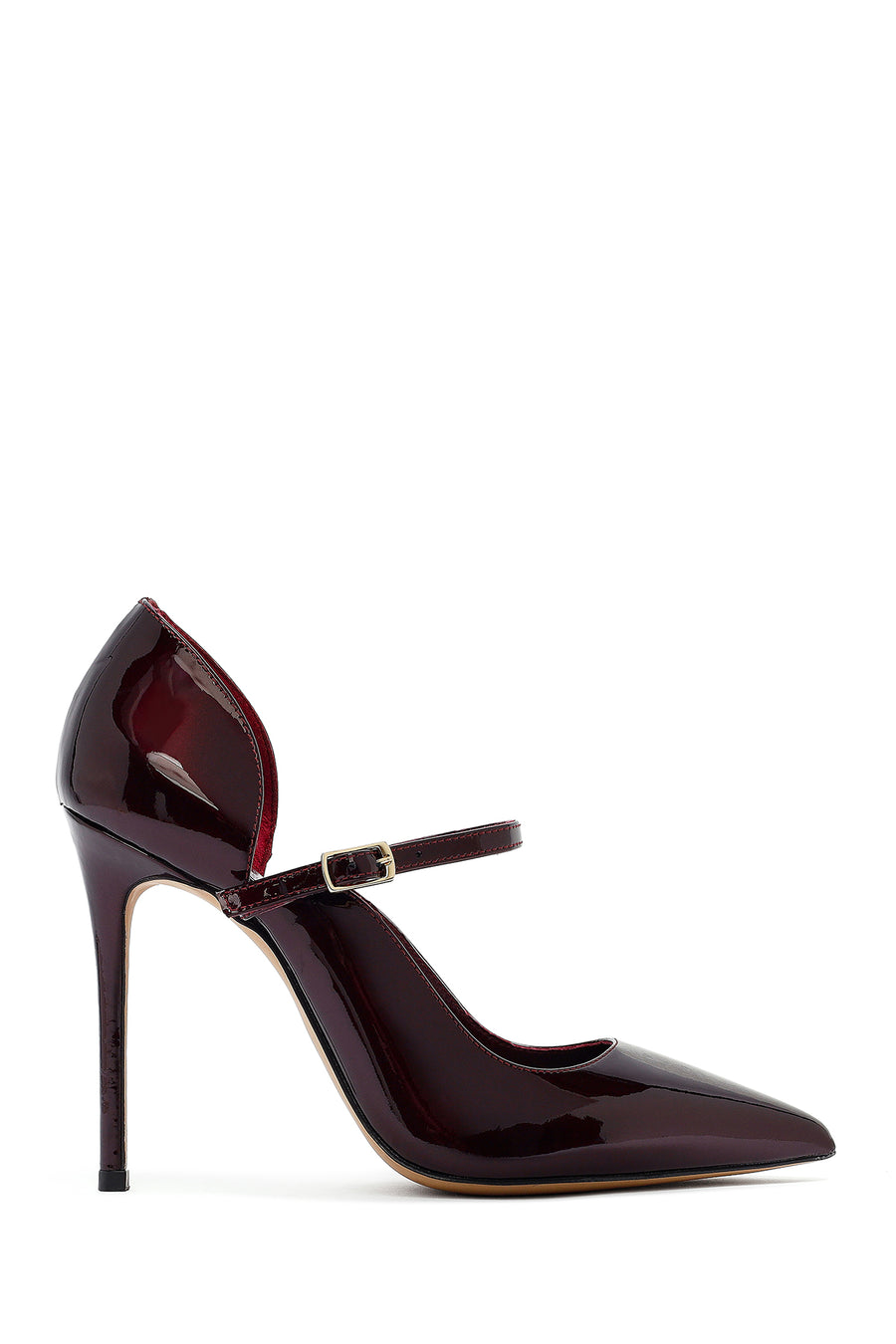 Woman Burgundy Buckled High Thin Heel Patent Leather Leather Shoe