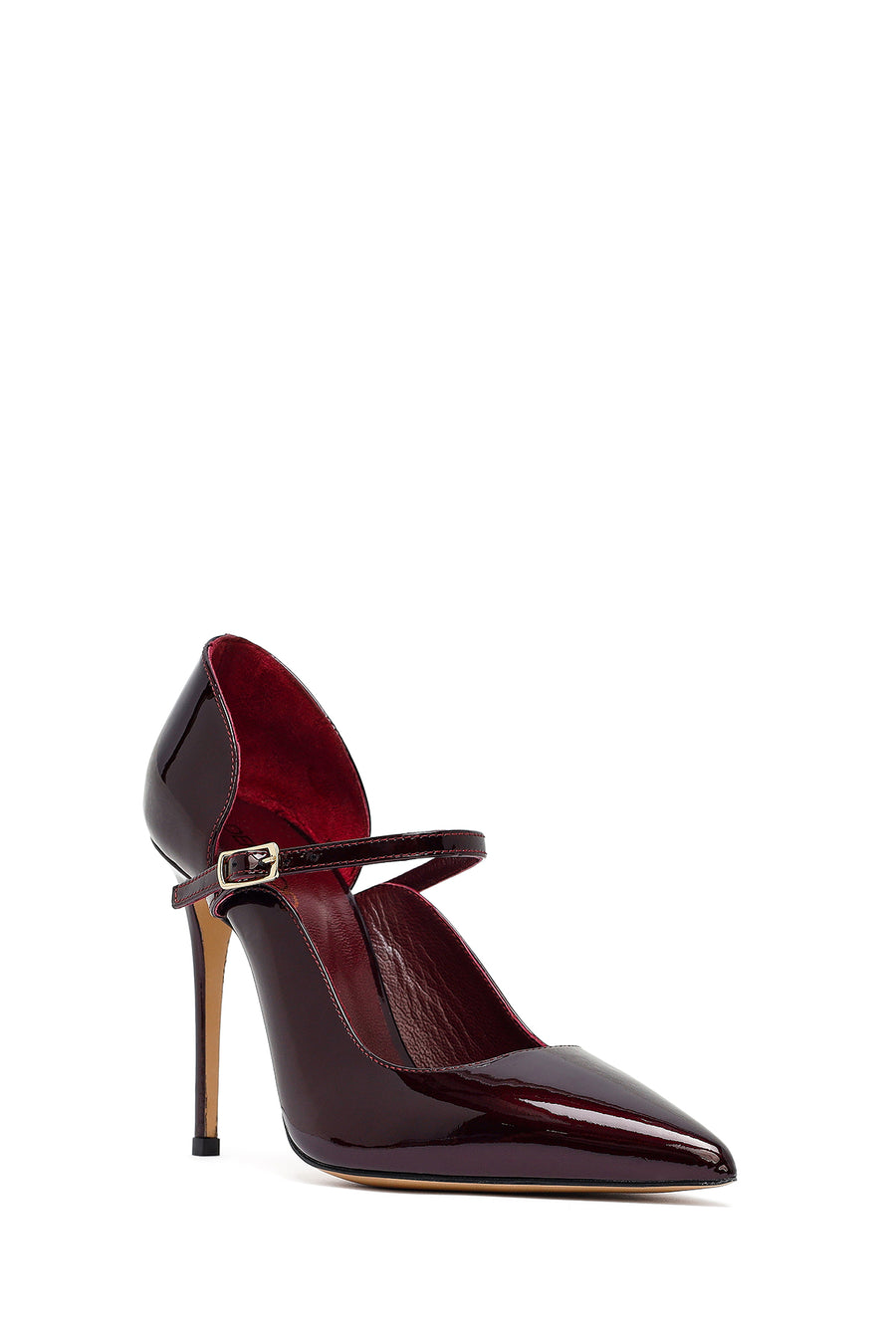 Woman Burgundy Buckled High Thin Heel Patent Leather Leather Shoe