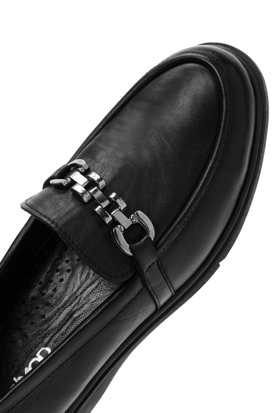 Woman Black Buckle Leather Comfort Loafer