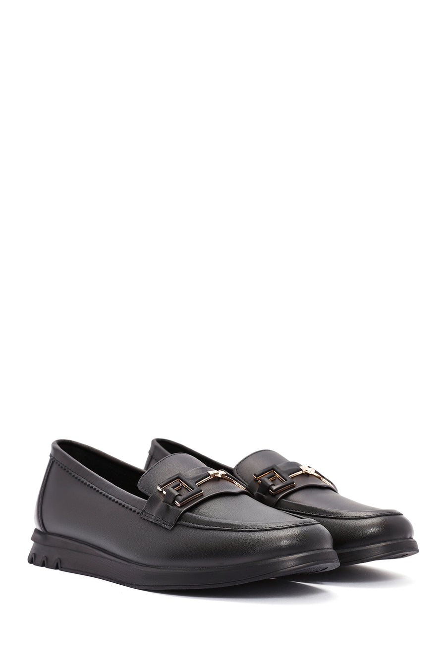 Woman Black Buckle Detail Leather Comfort Loafer