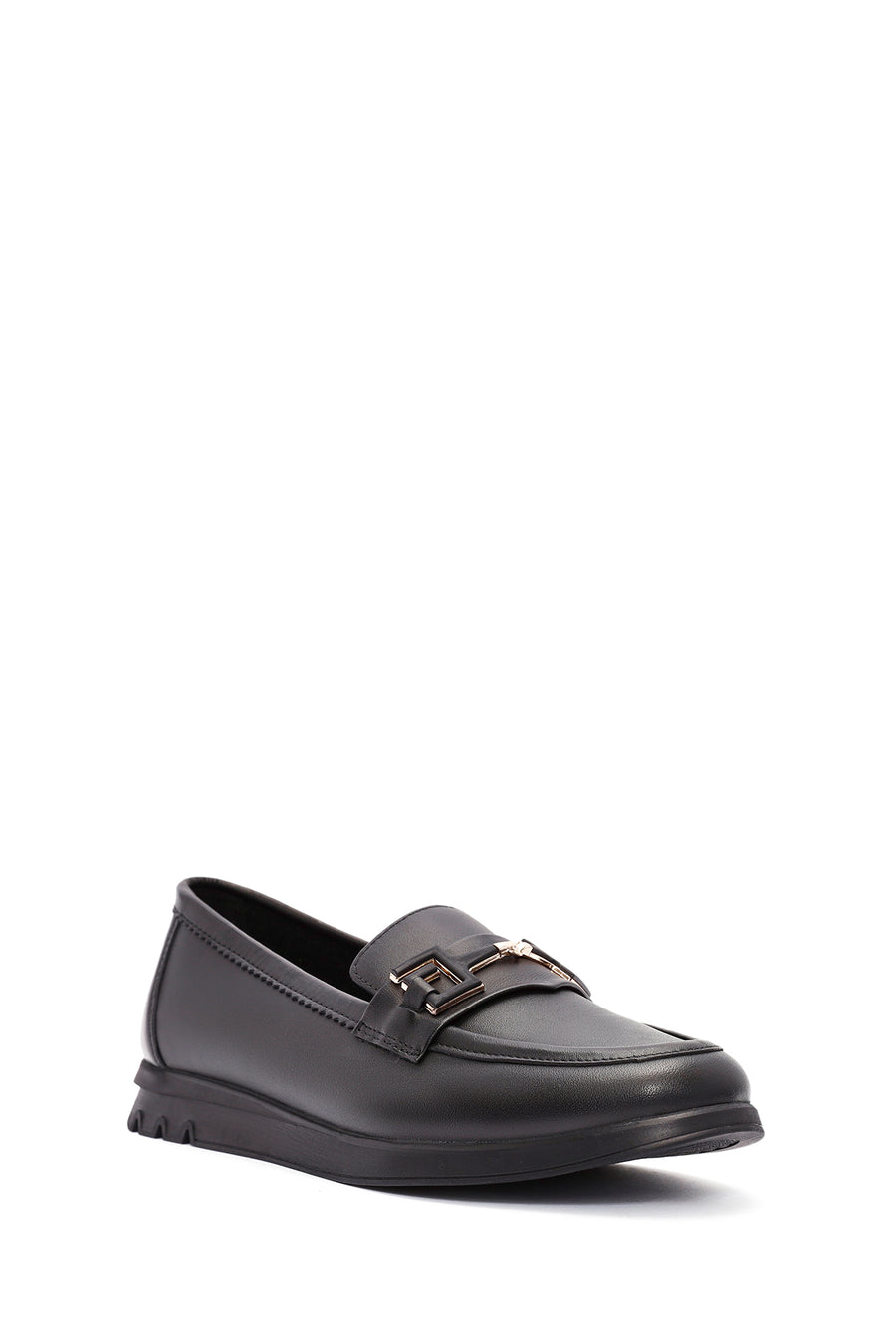 Woman Black Buckle Detail Leather Comfort Loafer