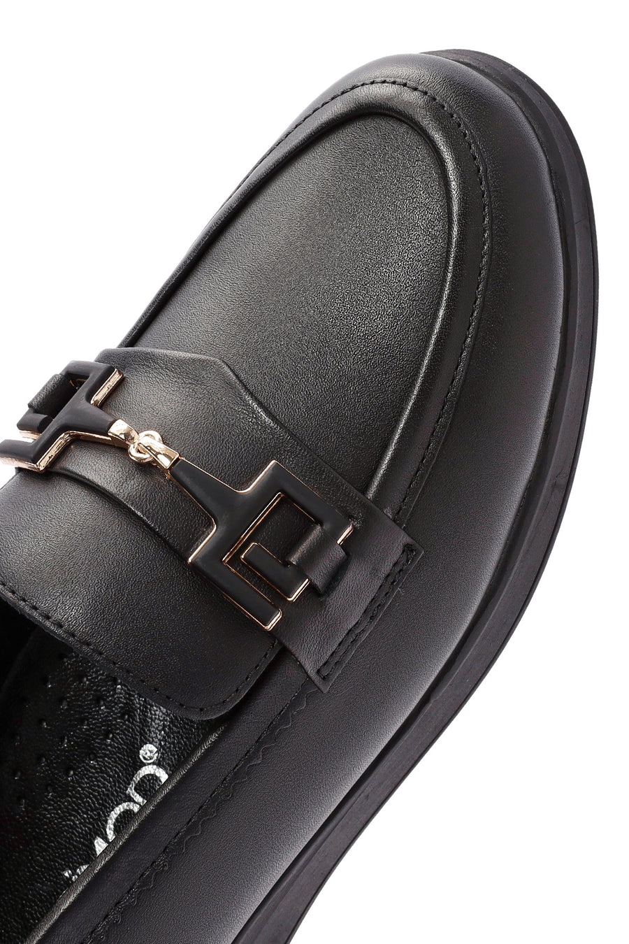 Woman Black Buckle Detail Leather Comfort Loafer