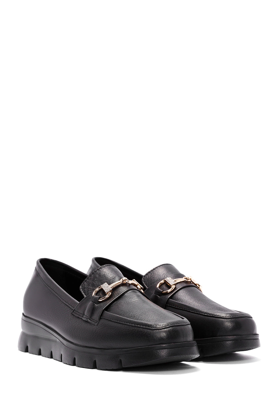 Woman Black Buckle Detail Leather Comfort Loafer