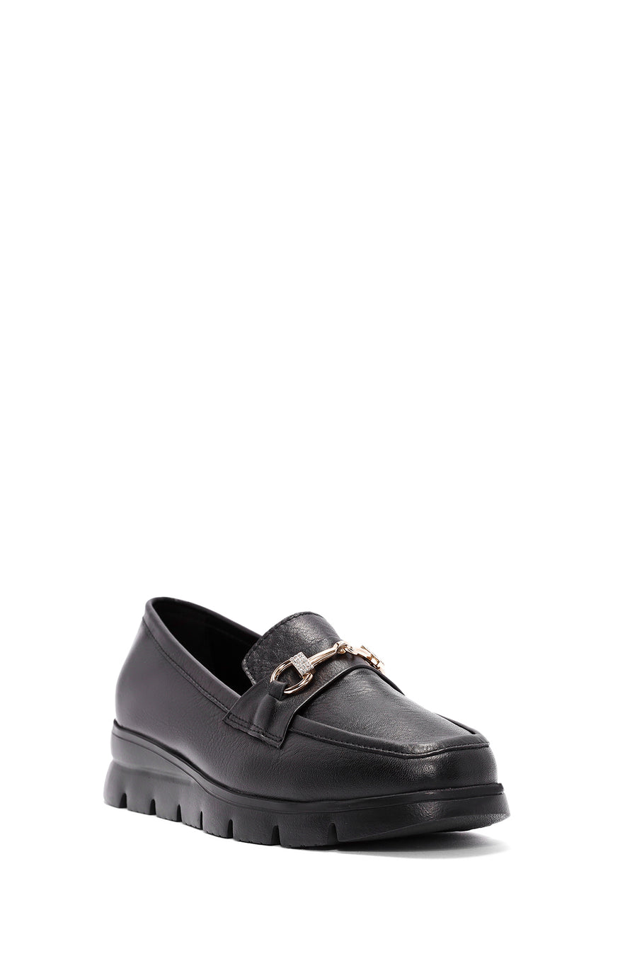Woman Black Buckle Detail Leather Comfort Loafer
