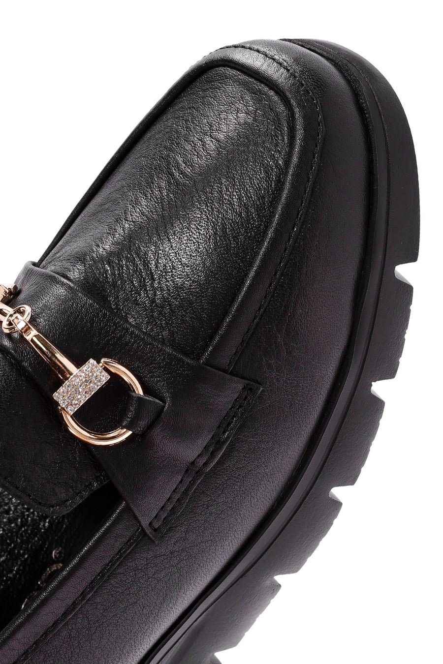 Woman Black Buckle Detail Leather Comfort Loafer