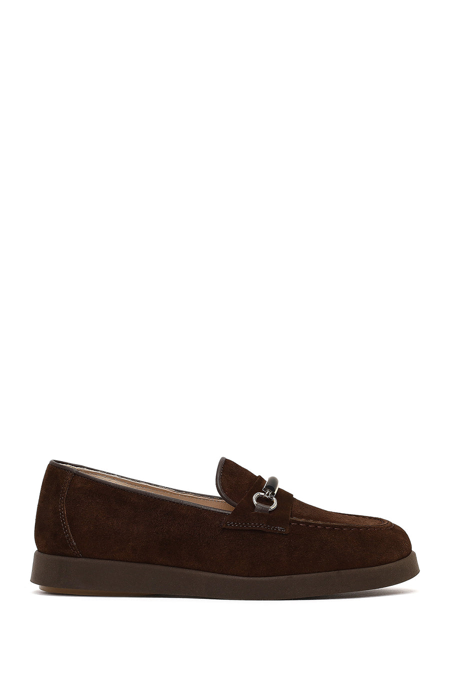 Women's Brown Buckled Suede Leather Comfort Loafer 25AFD154010 | Derimod