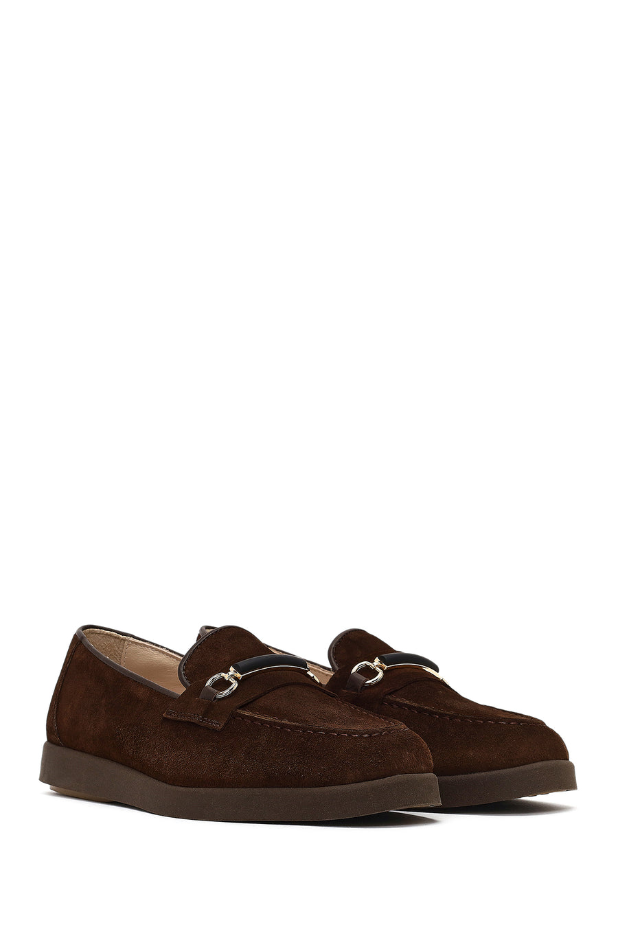 Women's Brown Buckled Suede Leather Comfort Loafer