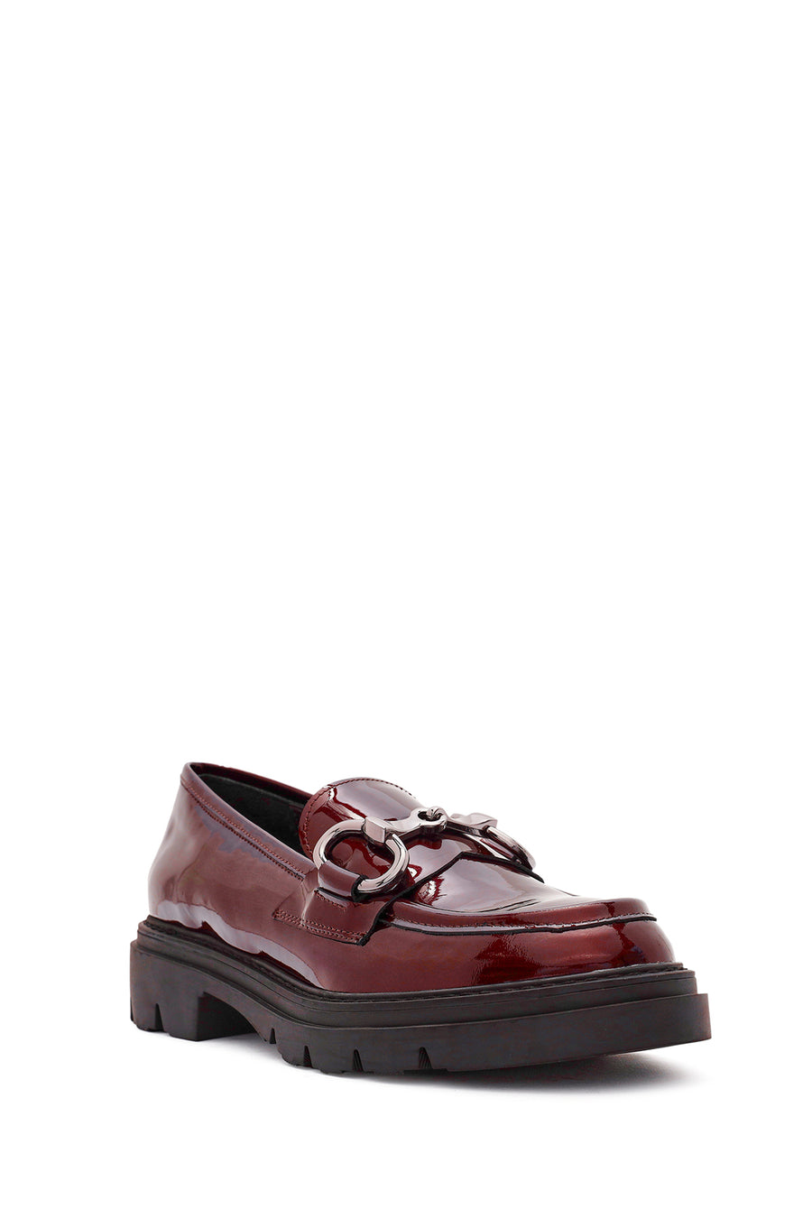 Woman Patent Leather with Burgundy Buckle Detail Leather Masculine Loafer