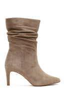 Woman Beige Thin Heeled Suede Leather Boot | Derimod