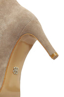 Woman Beige Thin Heeled Suede Leather Boot | Derimod