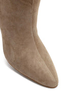 Woman Beige Thin Heeled Suede Leather Boot | Derimod