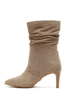 Woman Beige Thin Heeled Suede Leather Boot | Derimod