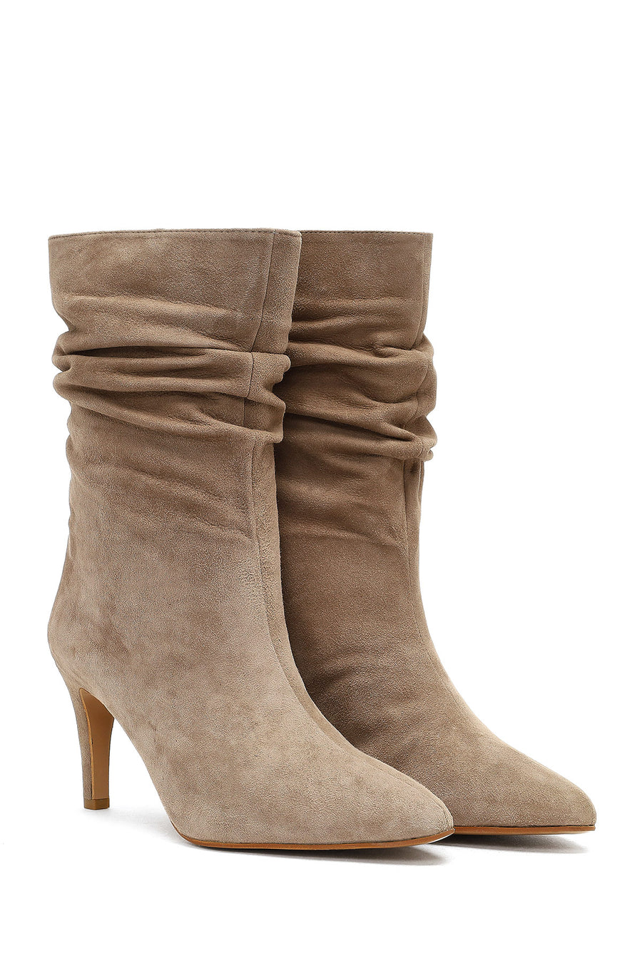 Woman Beige Thin Heeled Suede Leather Boot