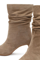 Woman Beige Thin Heeled Suede Leather Boot | Derimod