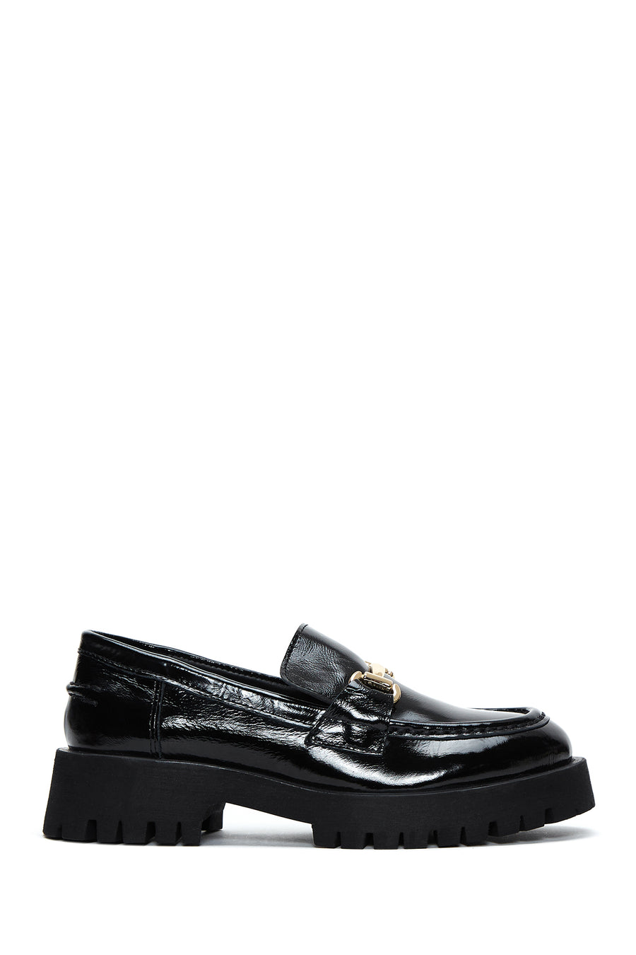 Woman Black Buckled Thick-Soled Patent Leather Leather Masculine Loafer 25AFD183616 | Derimod