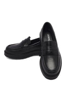 Women's Black Thick-Soled Leather Masculine Loafer | Derimod