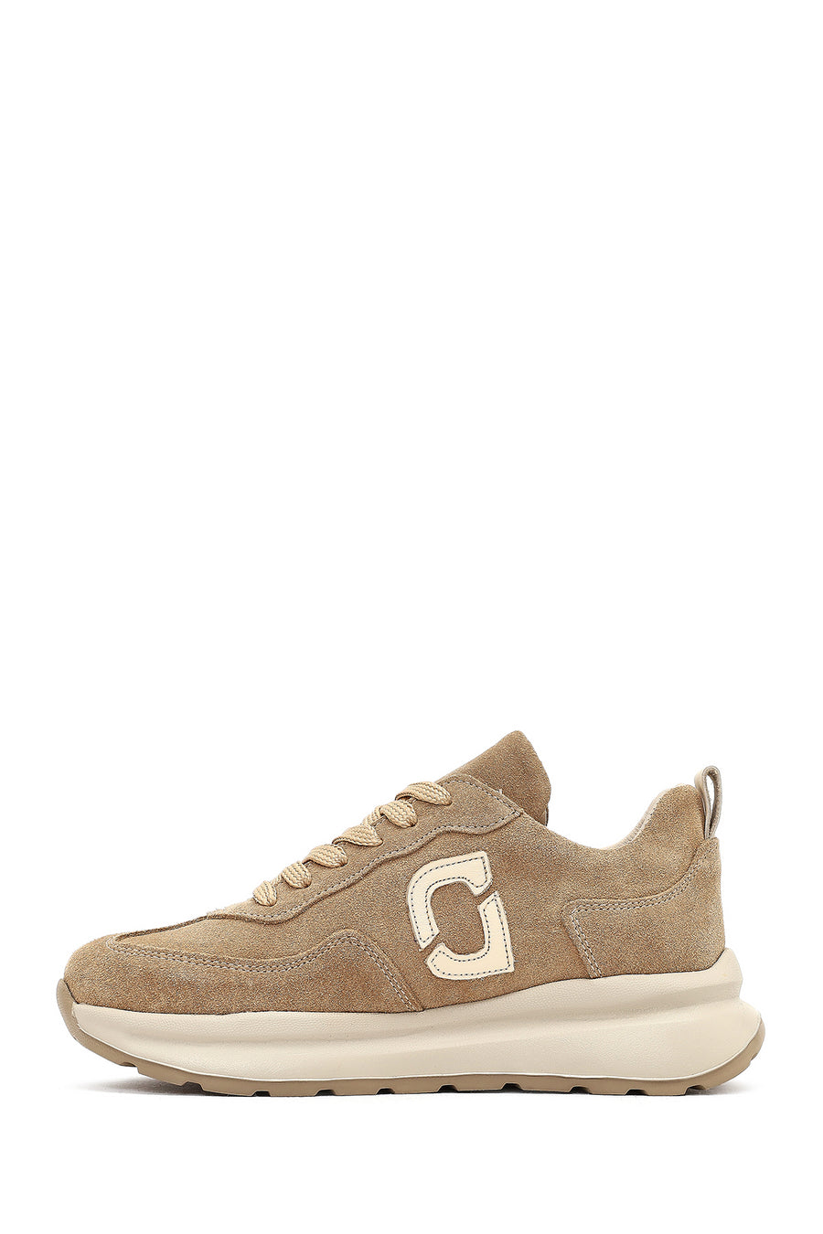 Women's Beige Lace-Up Thick-Soled Suede Leather Sneaker